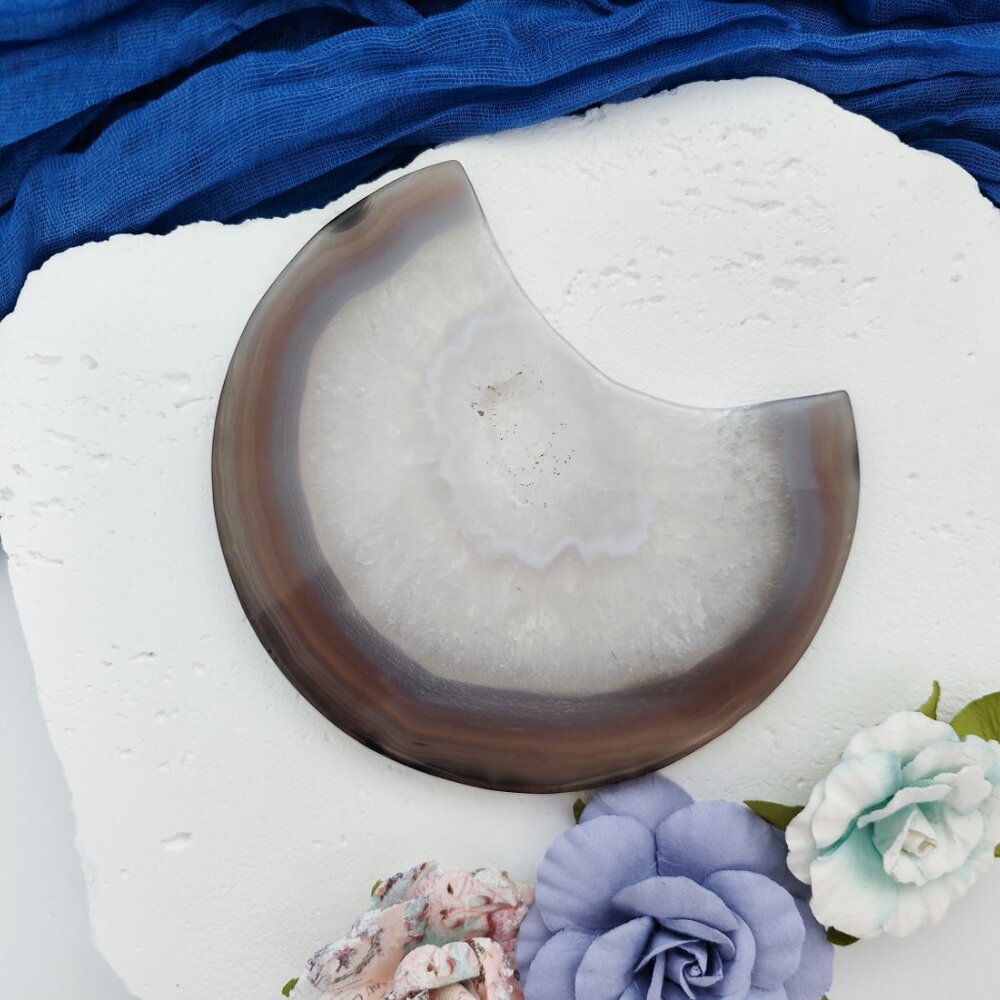 Large Druzy Agate Flat Moon Crystal Carving
